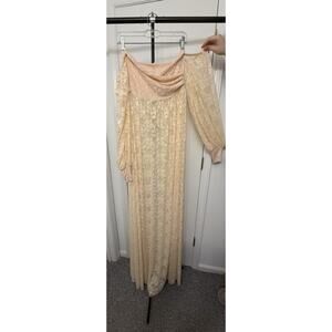 Vintage Lace Maxi Dress Off Shoulder Beige Boho Romantic Bridal Small